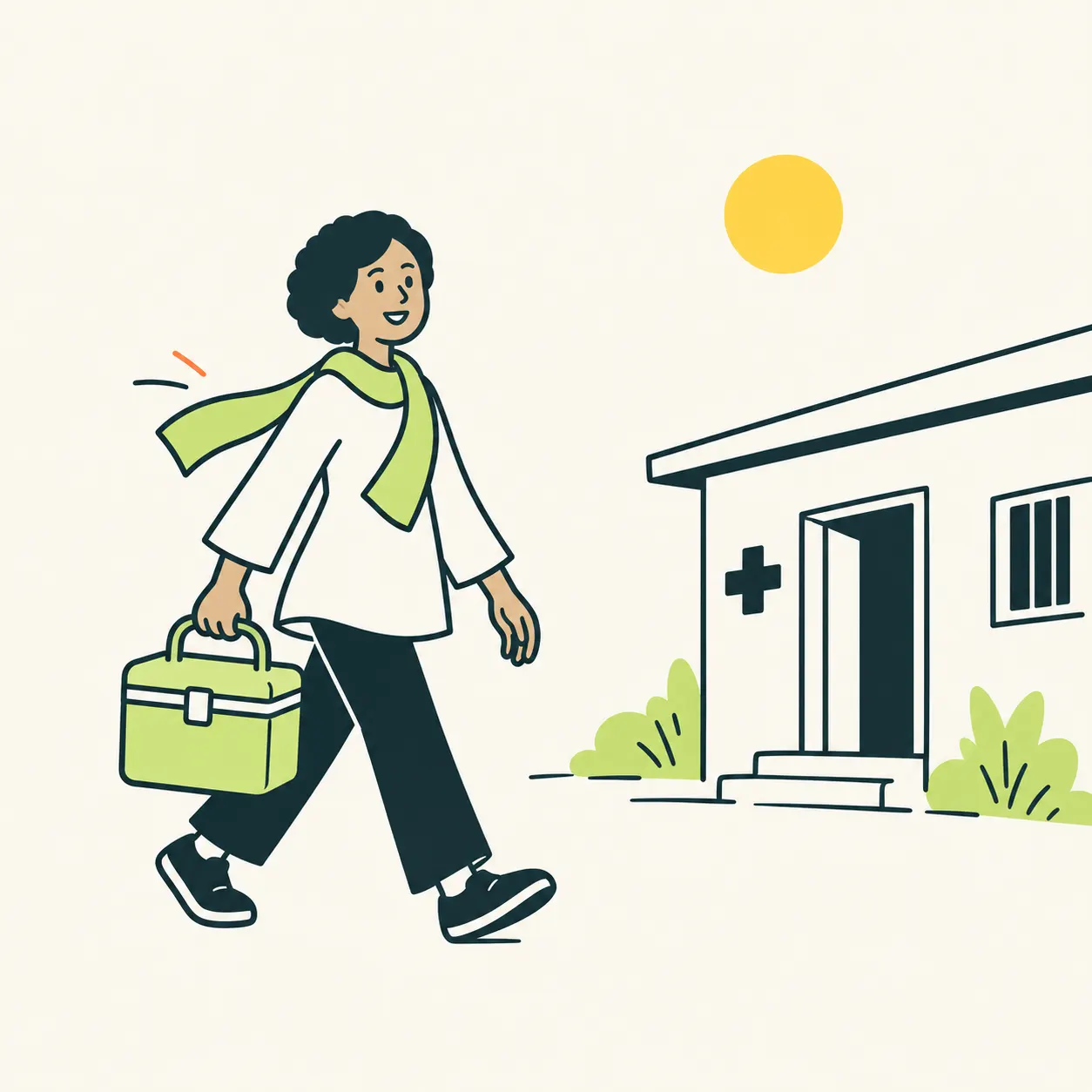 AI illustration of a health worker carrying a coolbox towards a generic clinic.