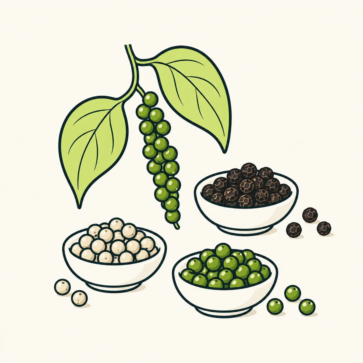 AI editorial illustration about Piper nigrum fruits and three bowls of black, white and green peppercorns, with simple forms against an ivory background.