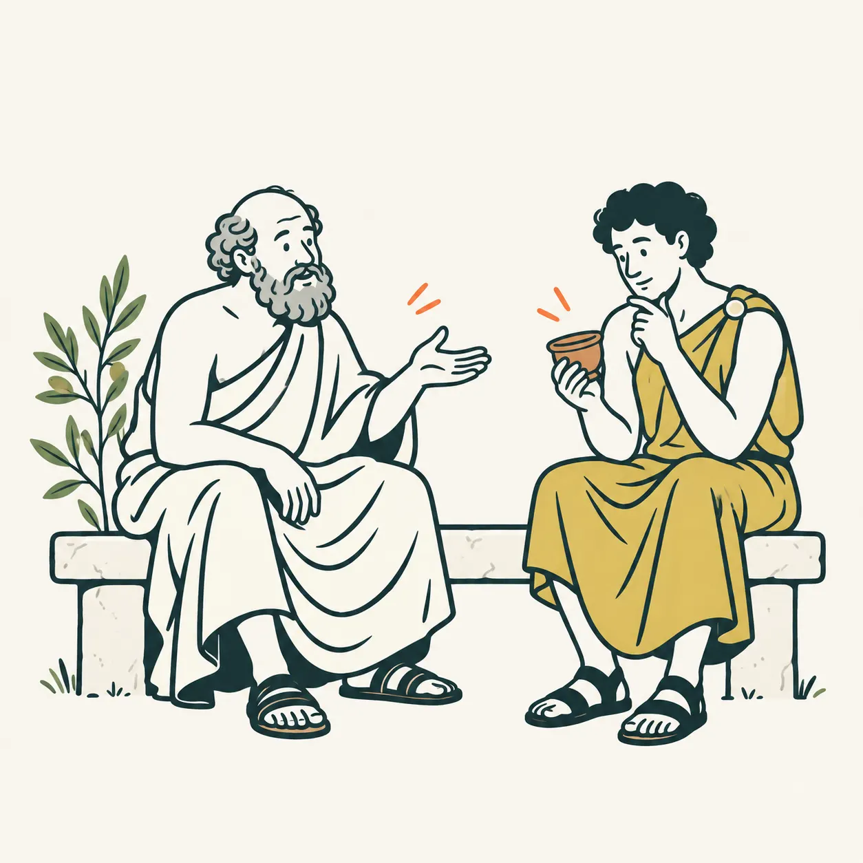 An imagined scene: an elderly, bearded Socrates talks on a bench with a young adult holding a plain cup.
