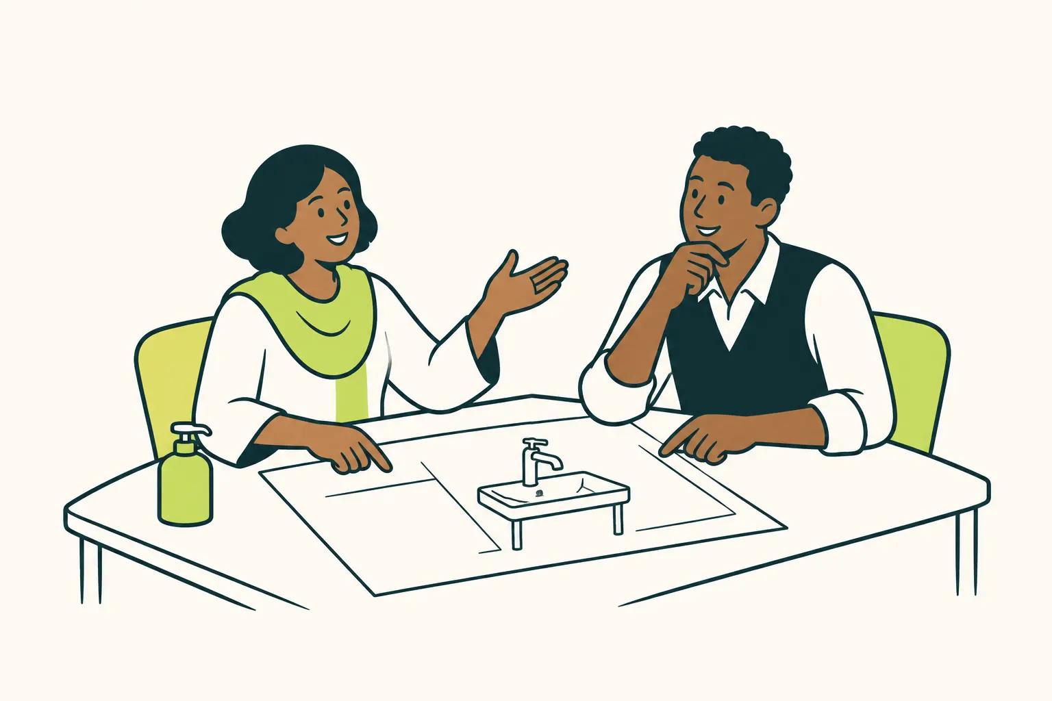AI illustration of two people discussing a washbasin plan, with a soap dispenser on the table.
