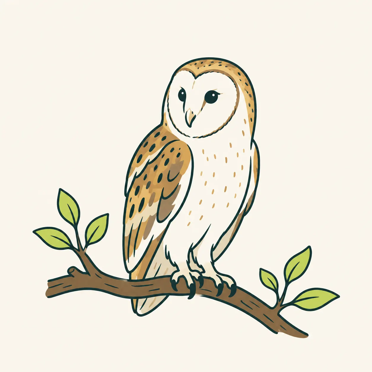 Editorial illustration of a barn owl with a heart-shaped facial disc and its head turned relative to its body; it is not a scientific angle measurement.
