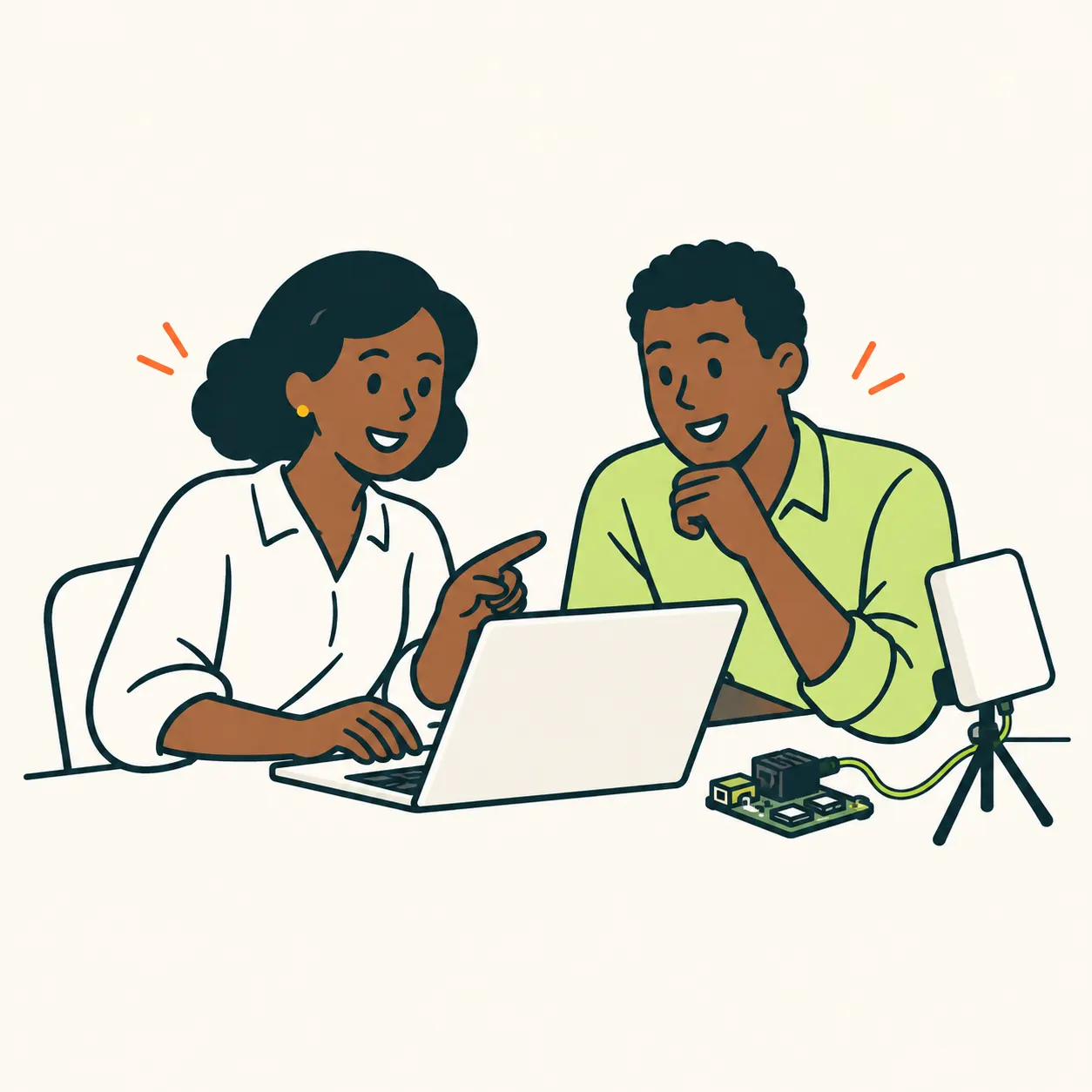 AI illustration of adult students working at a computer with a small laboratory antenna.