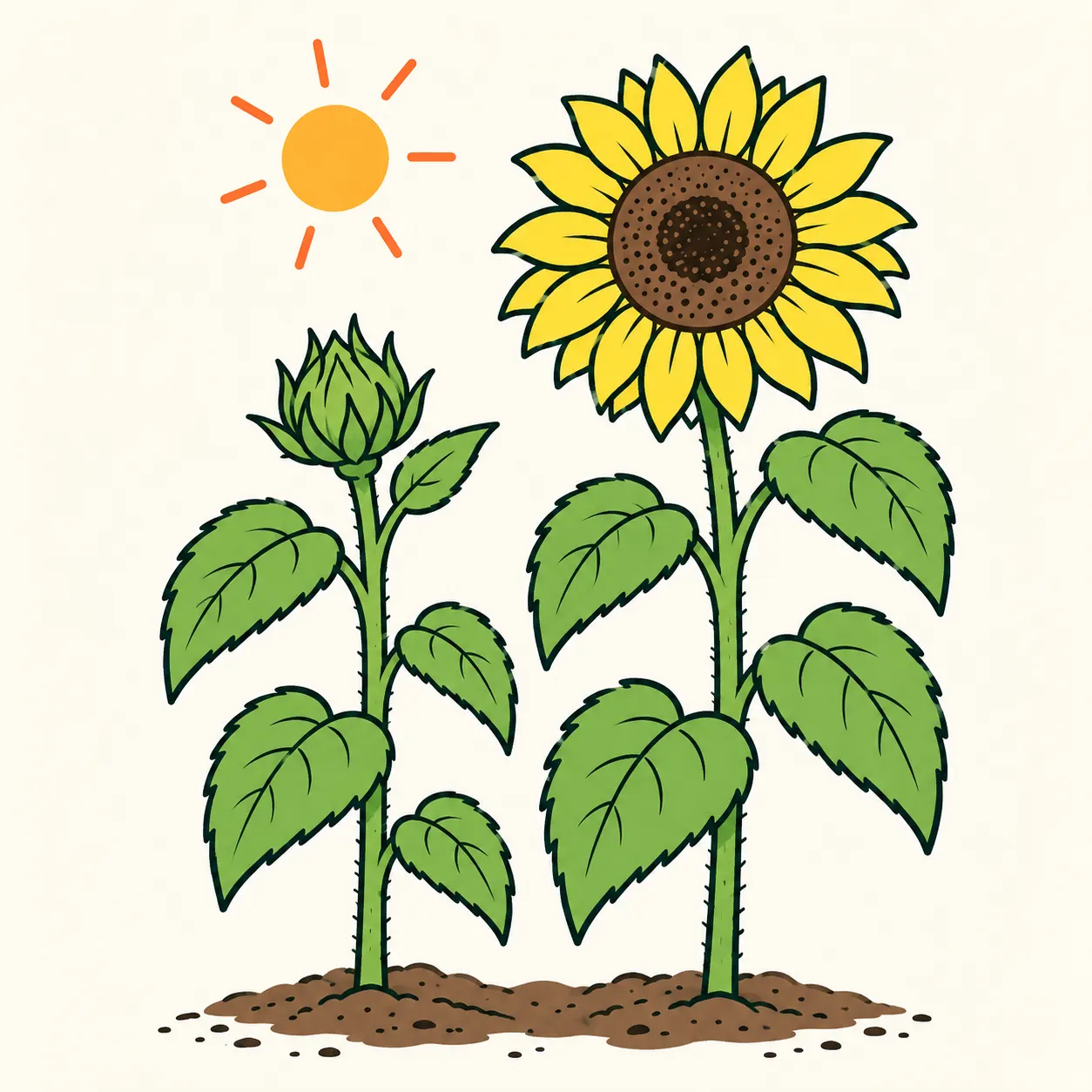 A young sunflower with a closed bud beside a plant with an open head in sunlight: an illustrative comparison of stages.