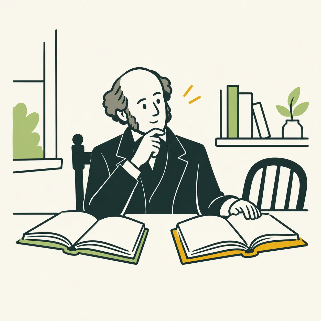 An interpretive portrait of John Stuart Mill comparing two open books beside an empty chair.