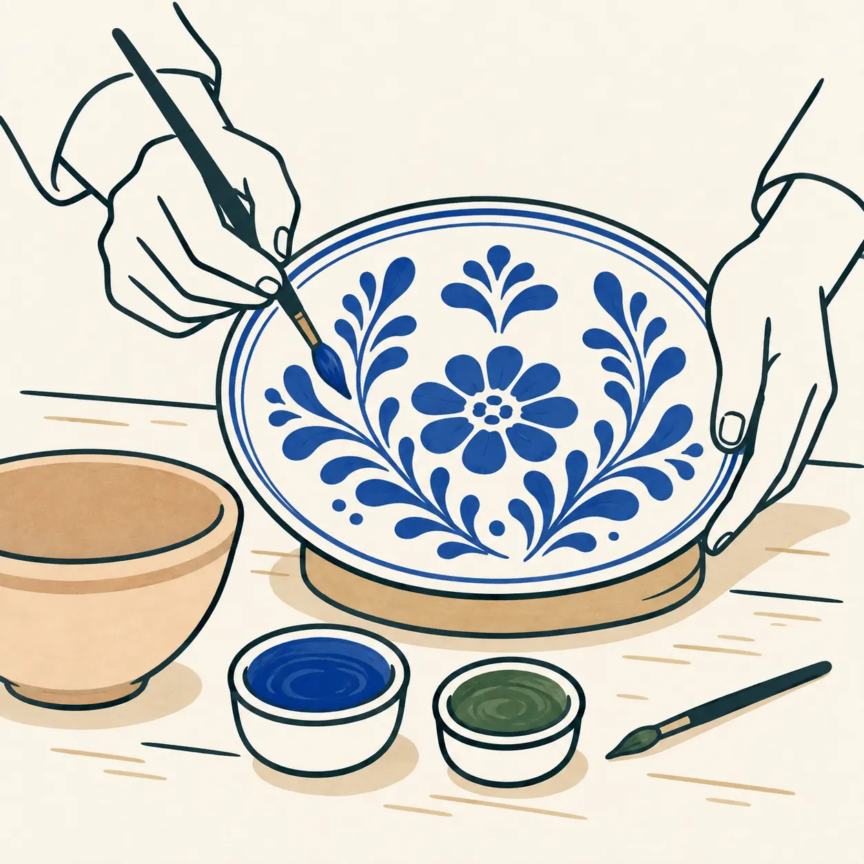 A person’s hands decorate a plate with blue floral patterns, beside brushes and bowls of colour.