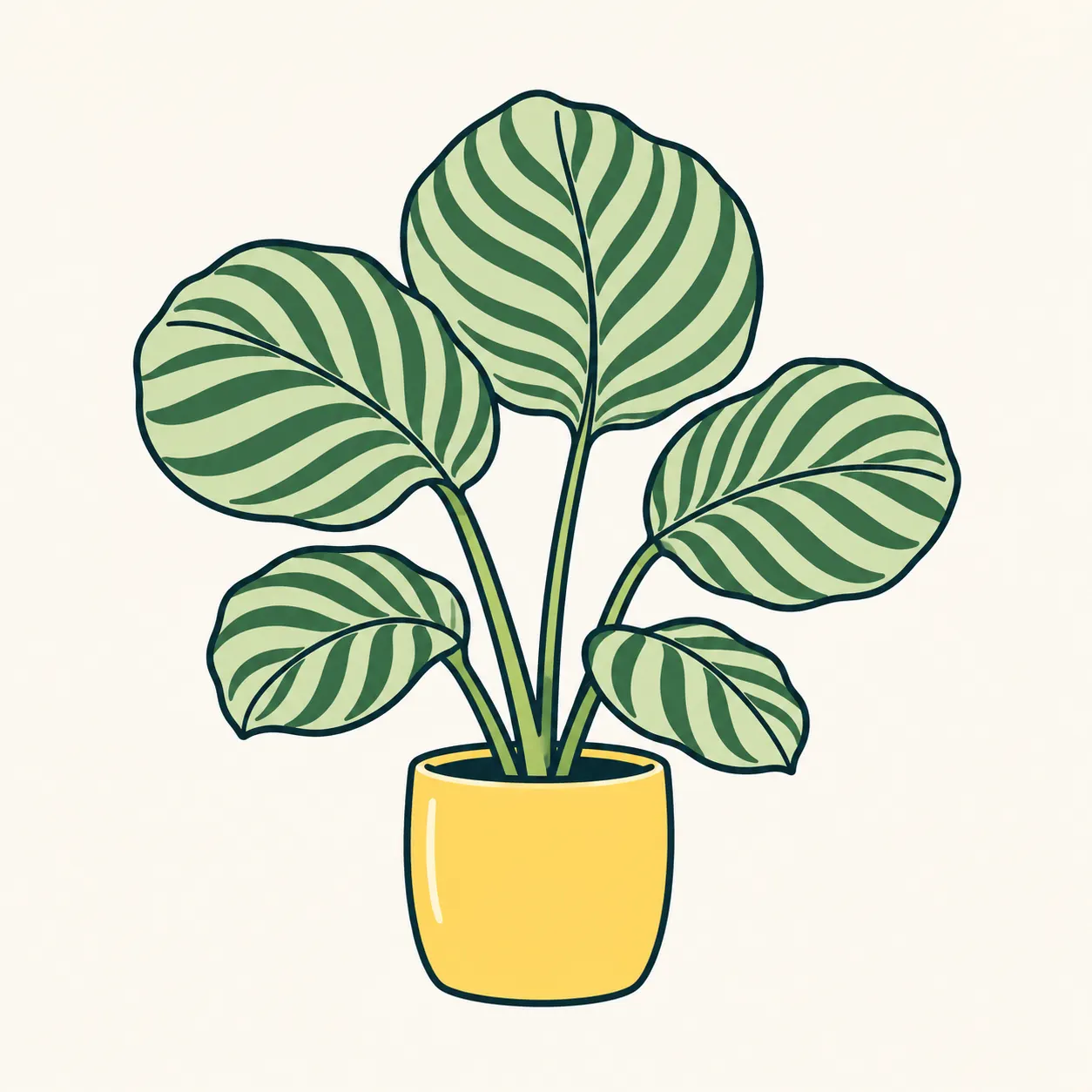 AI editorial illustration of a potted Goeppertia orbifolia with large rounded leaves and broad silvery-green stripes.