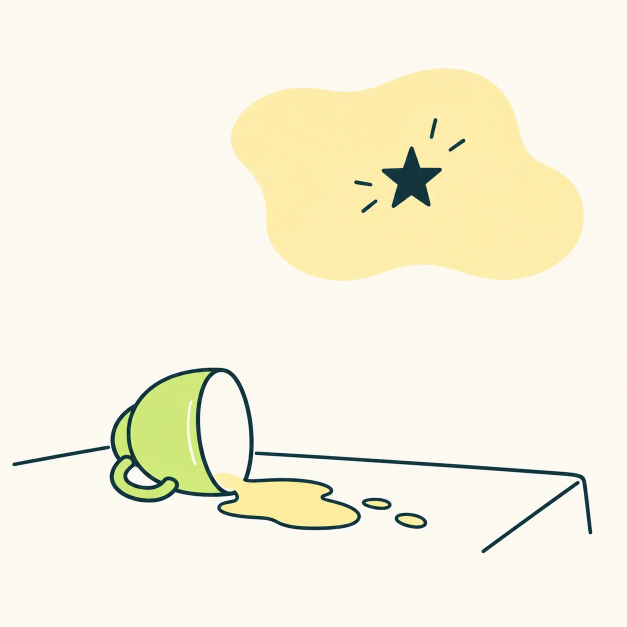 AI editorial illustration of an overturned cup and a symbolic star: a metaphor for the Italian word disastro, without suggesting causation.