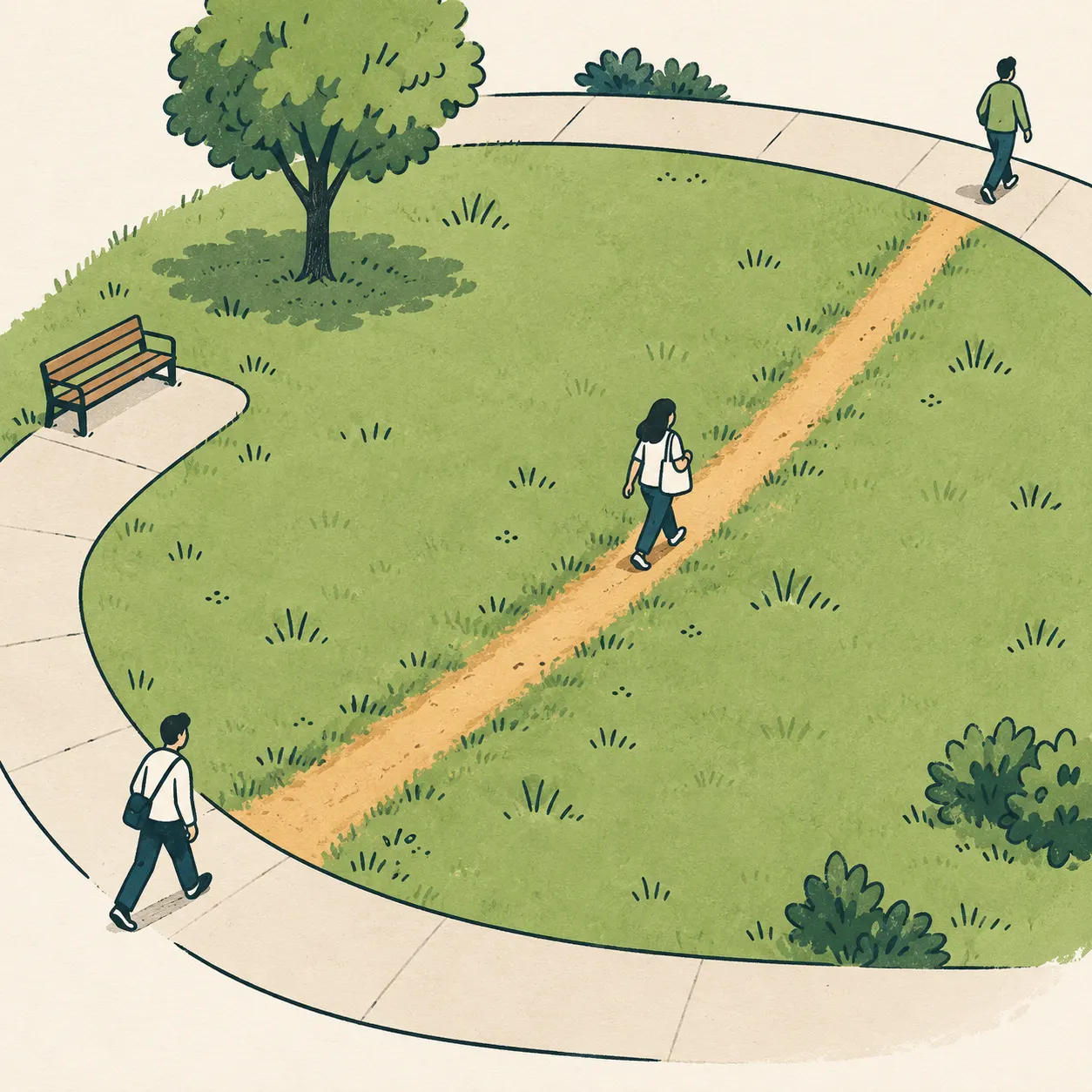 Editorial interpretation of an informal track crossing a lawn beside a regular paved path.