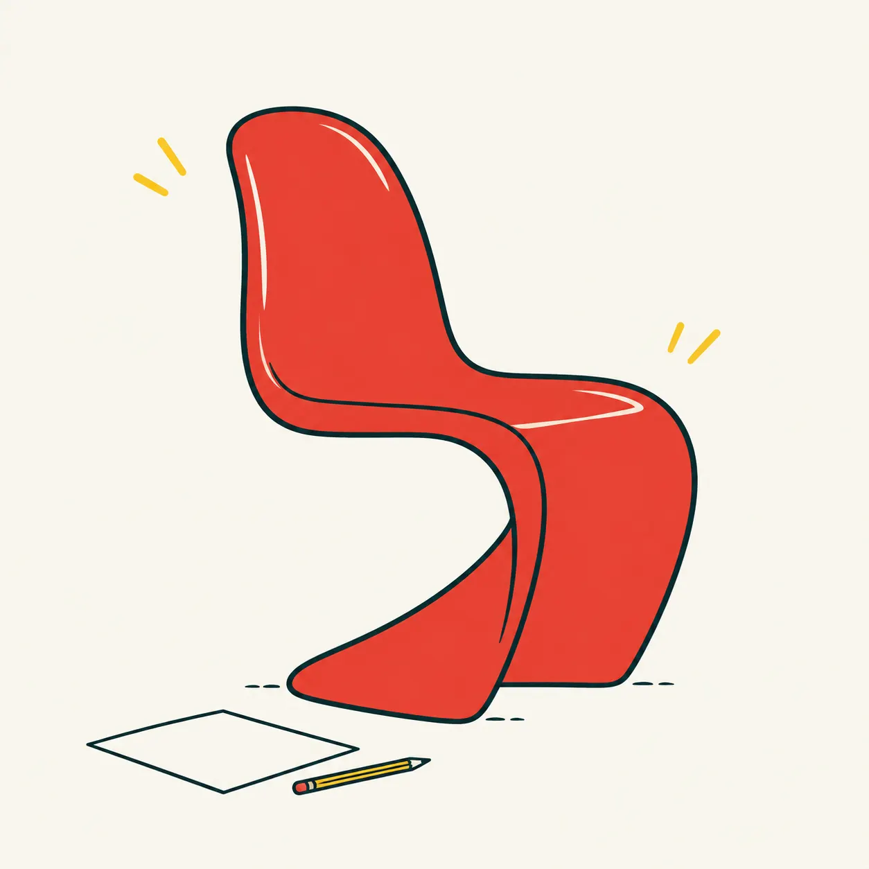 Illustrated interpretation of a red Panton Chair: one continuous shell forms its back, seat and base, beside paper and a pencil.