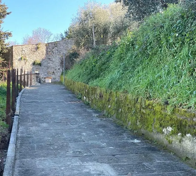 The paved Via Santo Stefano walkway between a railing and a green slope.