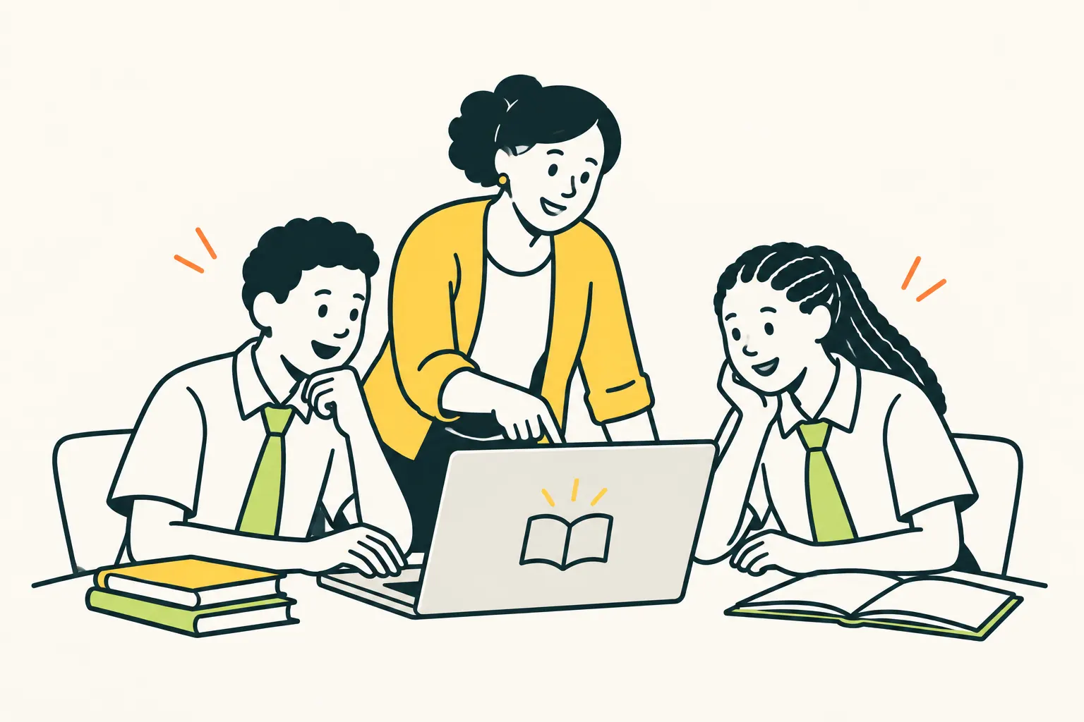 AI illustration of a teacher and two students around a computer displaying a book symbol.