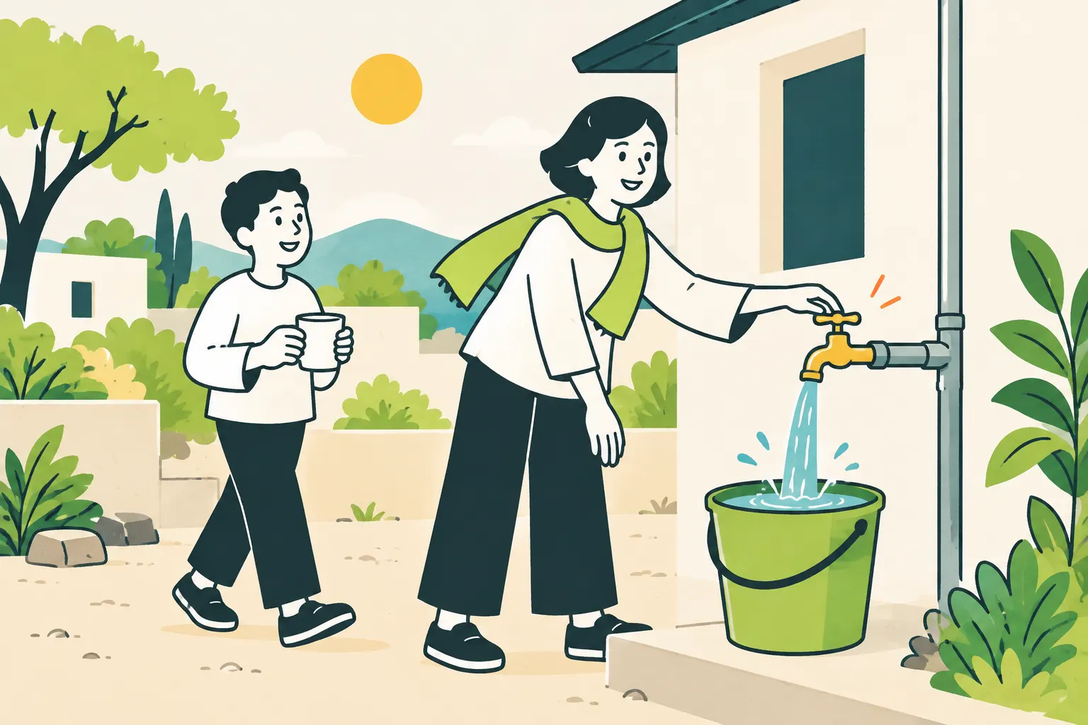 AI illustration: One person fills a bucket from a household tap while another holds a cup.