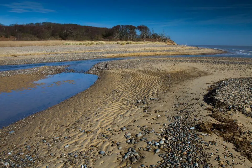 Benacre beach with sand, pebbles, water and coastal vegetation beneath a blue sky.