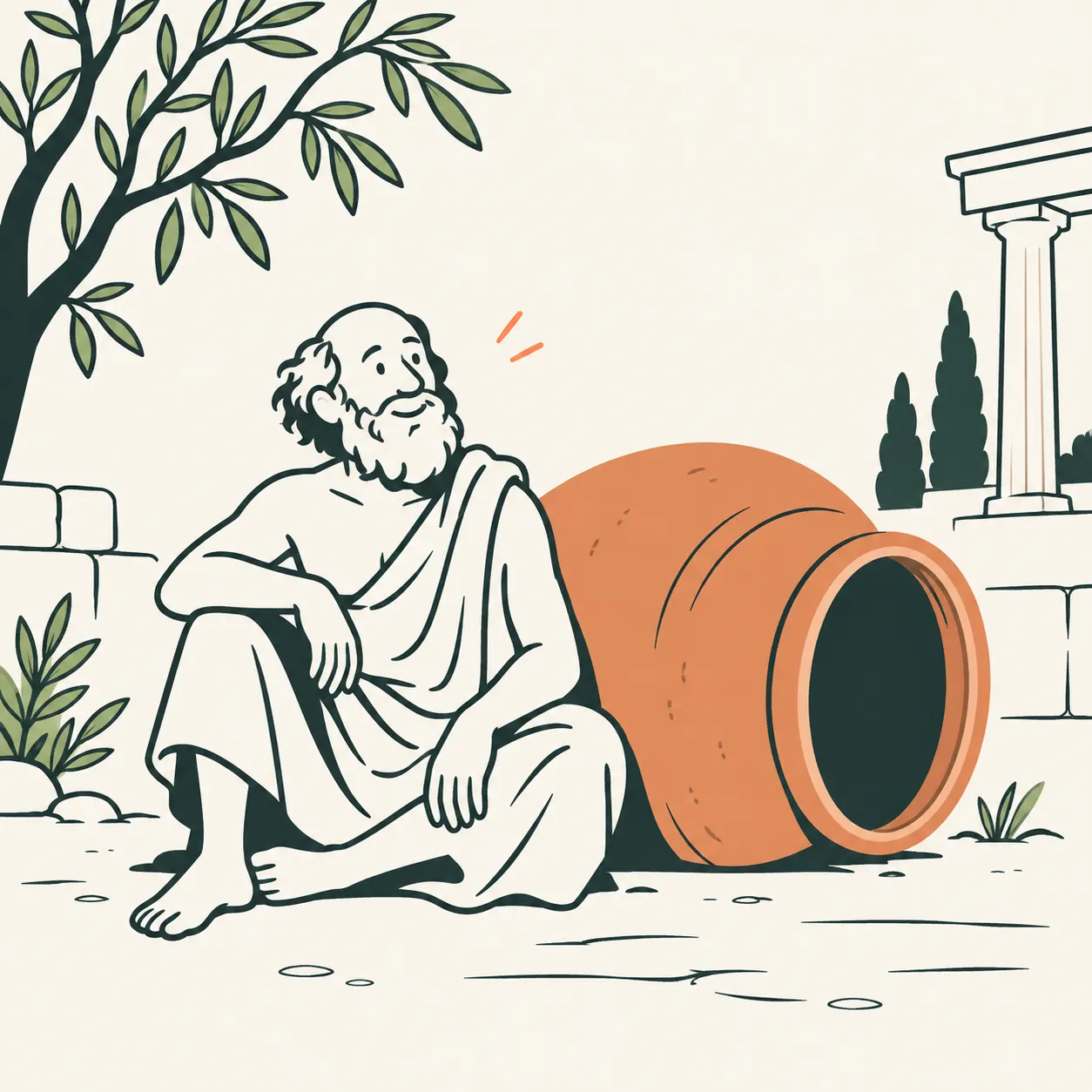 Editorial interpretation of Diogenes in a simple cloak beside a large earthenware vessel, inspired by the biographical tradition.
