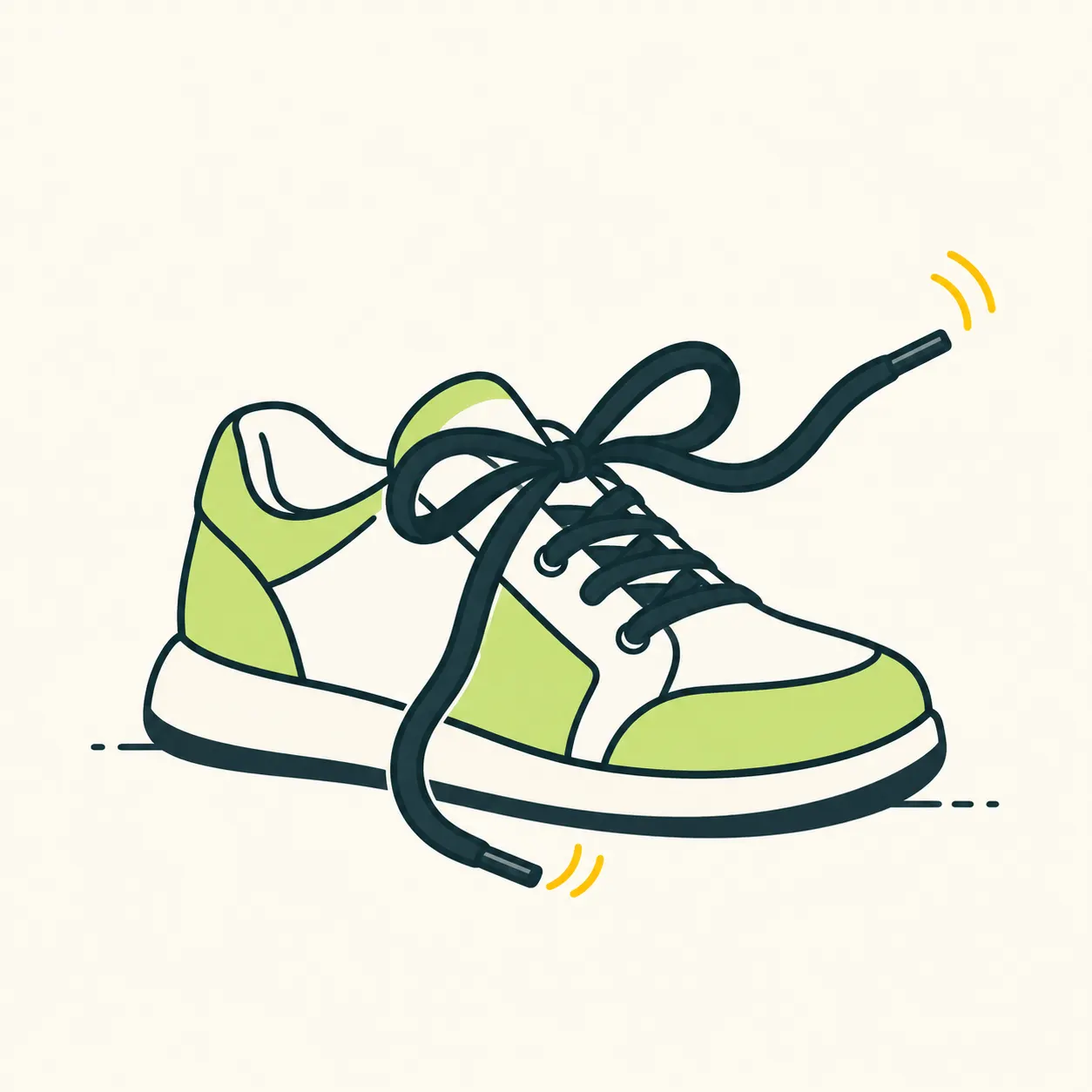 A lime and ivory shoe with a loosening bow: two loops and two free lace ends, with small motion marks.