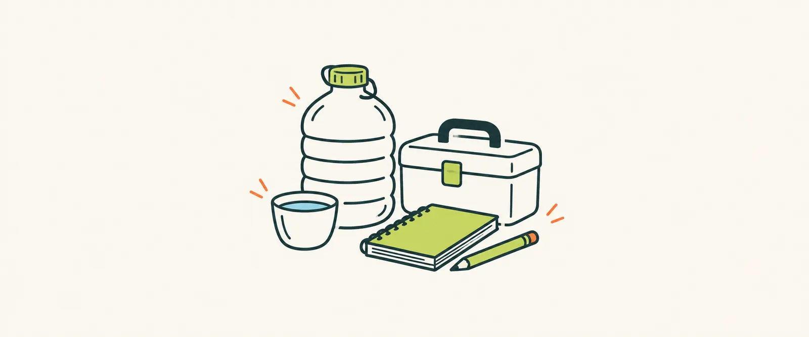 AI illustration of a water container, cup, notebook, pencil and case representing essential services.