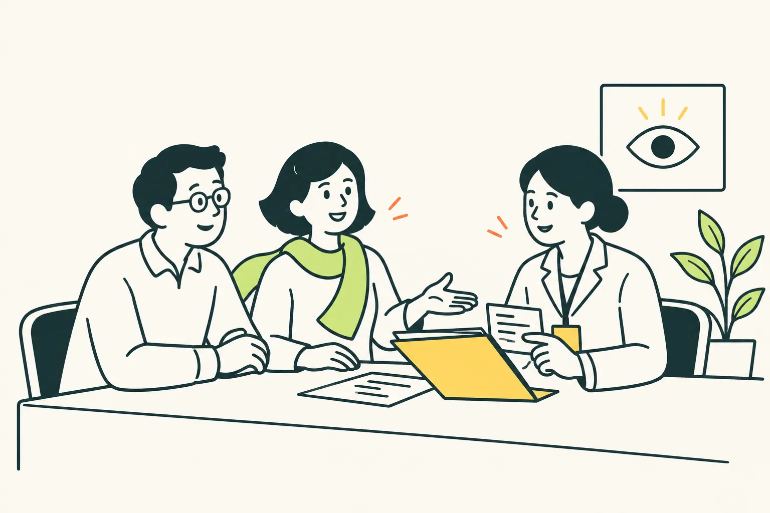 AI illustration of a patient wearing glasses, an interpreter and a staff member reviewing papers at a service desk.