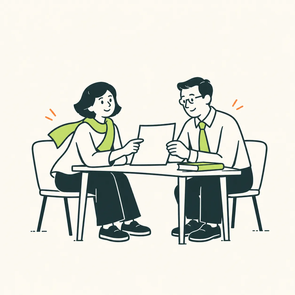 AI illustration of two people examining an educational document with no text.