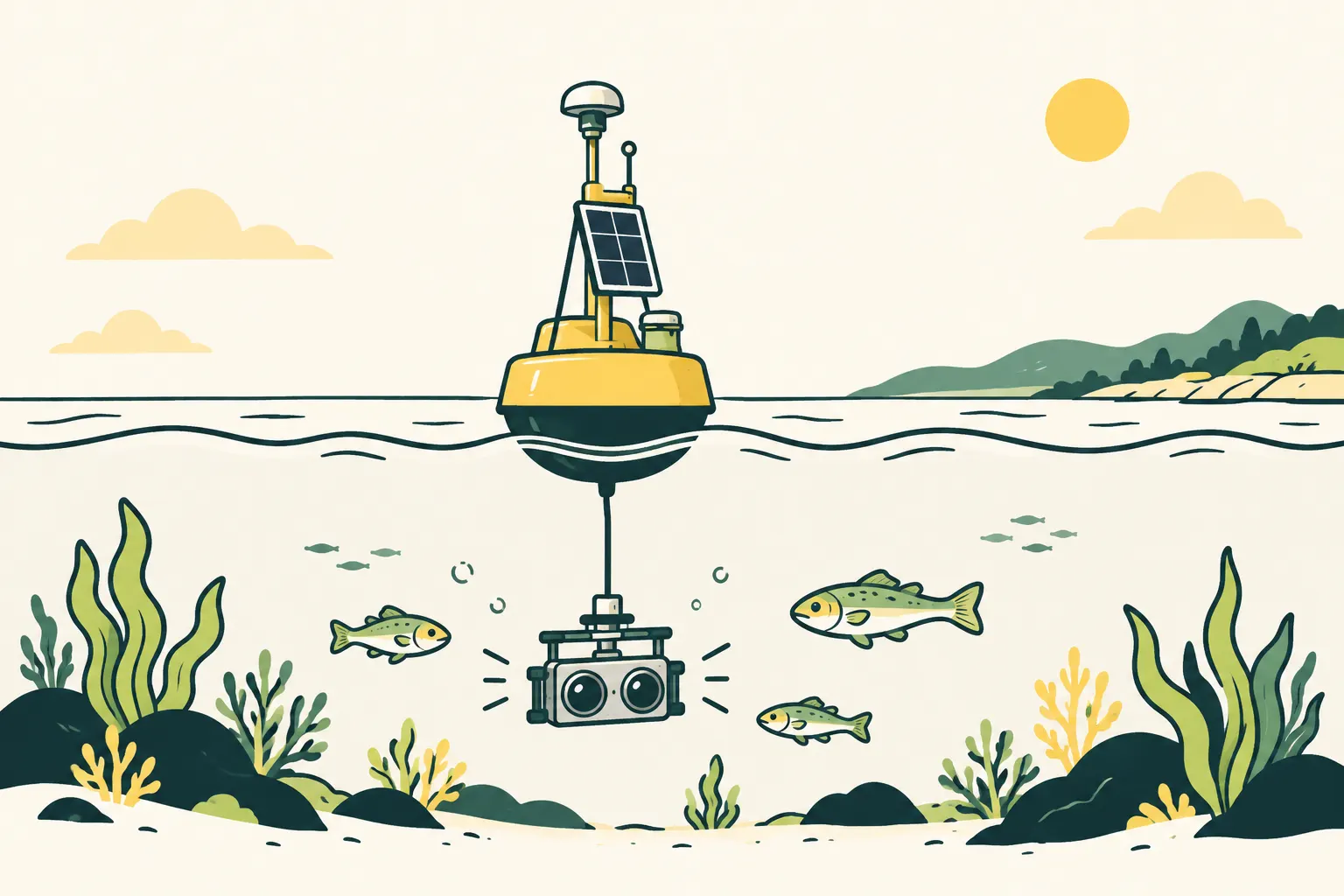 AI illustration of a conceptual system for observing marine life.