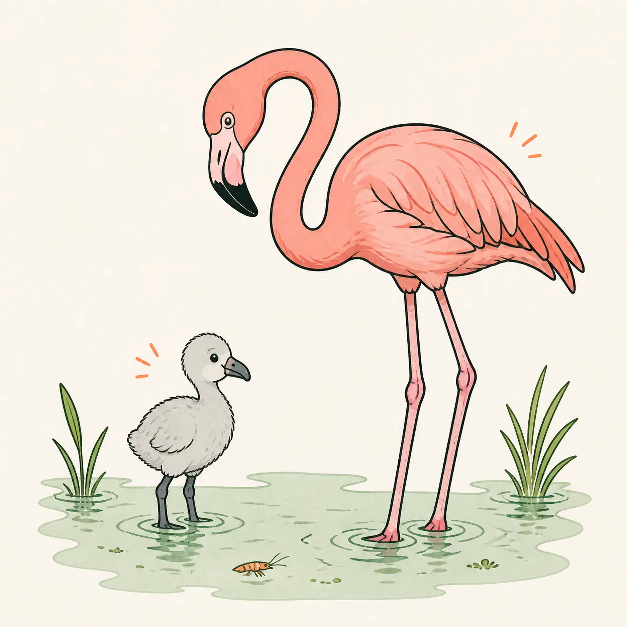 An illustrated pink adult flamingo and a grey chick in shallow water with a small orange crustacean and aquatic plants.