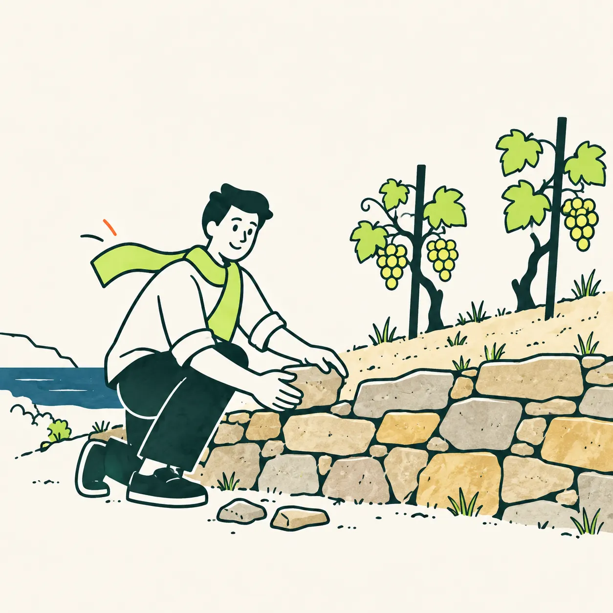 AI illustration of a Cinque Terre terrace with irregular stones without mortar, simplified vines and a craftsperson’s hand.