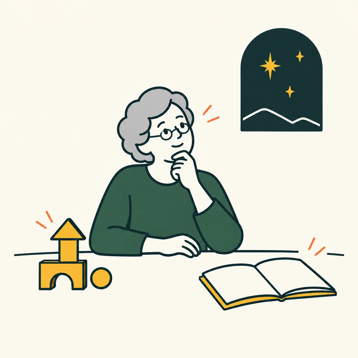 A grey-haired reader considers a book and everyday objects beside a window with three stylised stars.