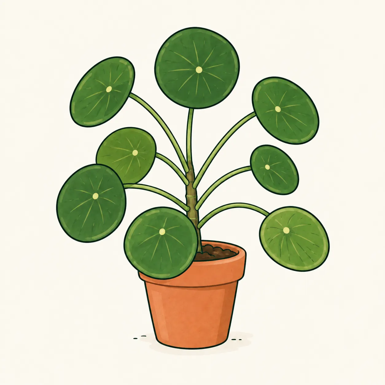 Pilea peperomioides in a terracotta pot: round green leaves, veins radiating from the centre and long stalks visible behind the blades.