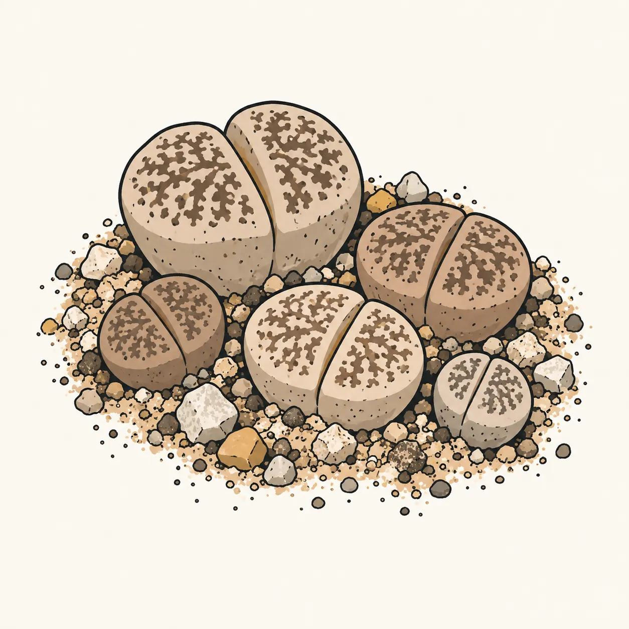 Small Lithops among stones, with pairs of sand-coloured fleshy leaves, central fissures and patterned upper surfaces.