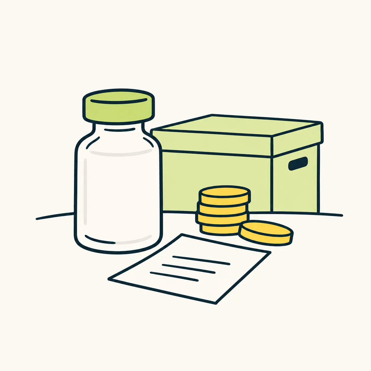 AI illustration of a generic vial, a box, coins and a document with no words.