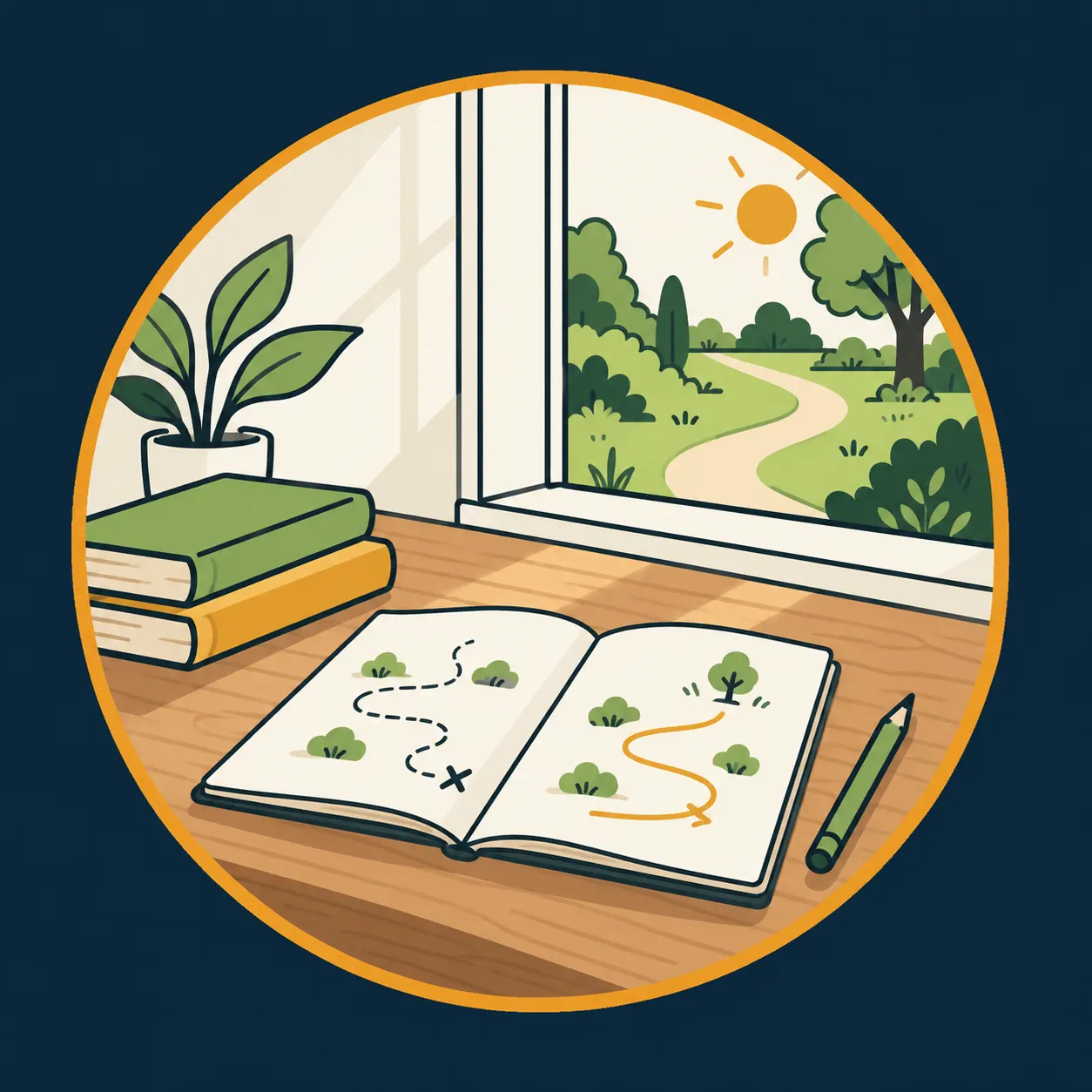 A notebook with two drawn routes, books and a window onto a path: an editorial metaphor for remembering and readapting.