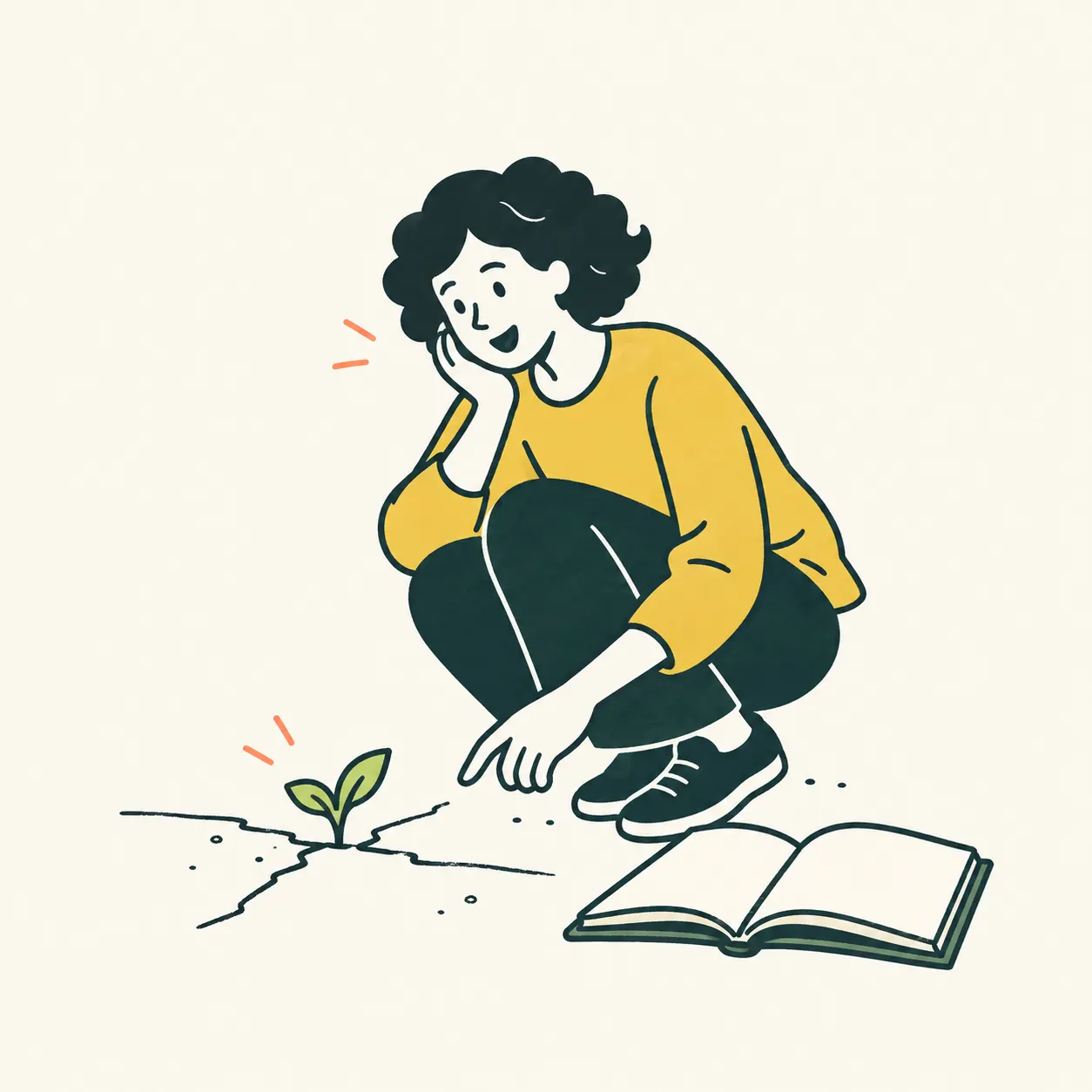A person looks with surprise at a small sprout growing in a crack in the pavement, beside an open book.