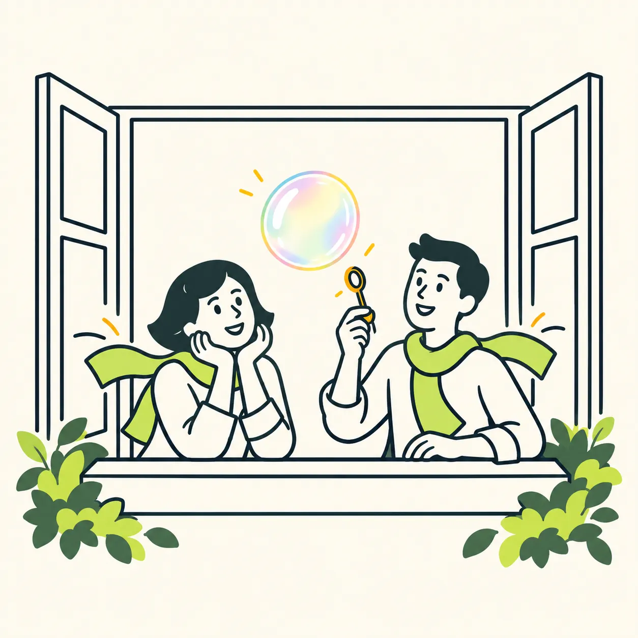 Teo and Lia watch a soap bubble with delicate coloured bands near a window; an editorial illustration.