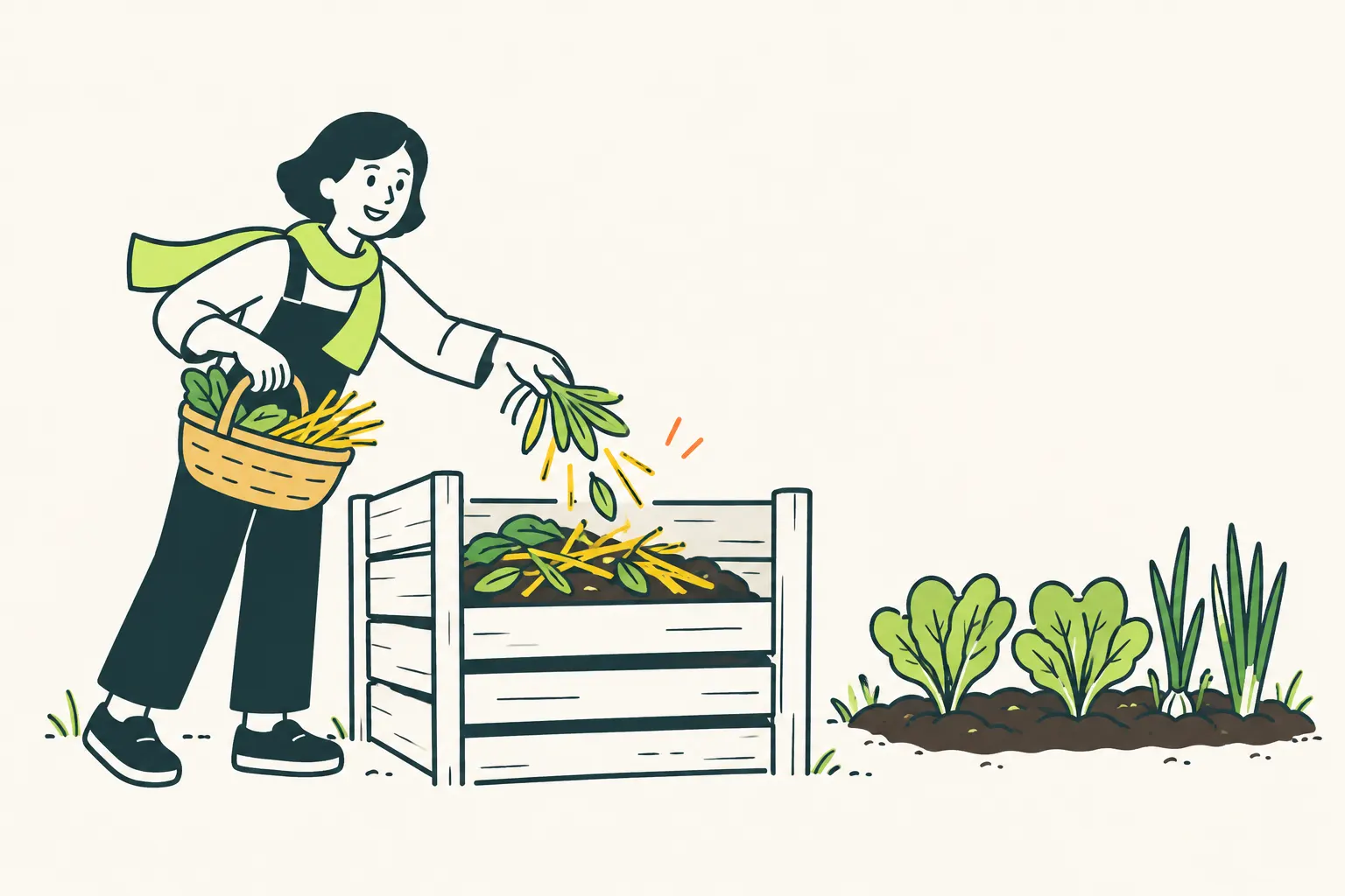 AI illustration: a farmer adds plant leftovers to a compost bay beside a small vegetable bed.