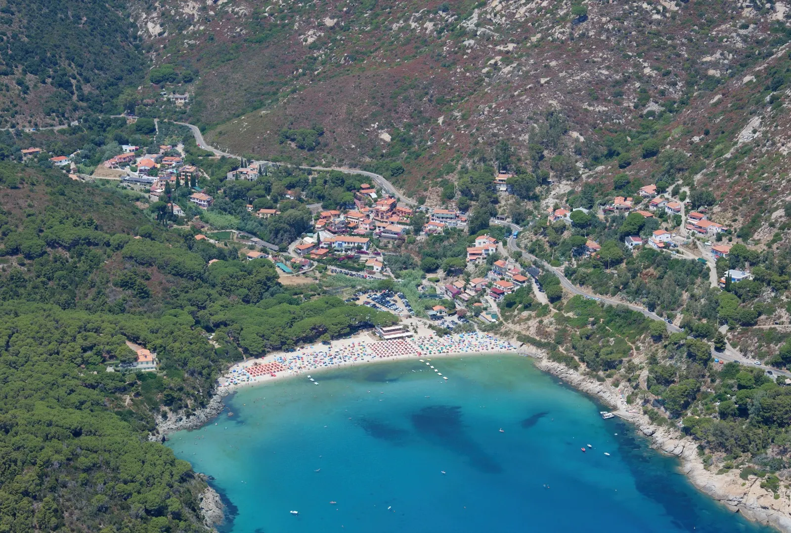 An aerial view of Fetovaia beach and bay on the island of Elba.