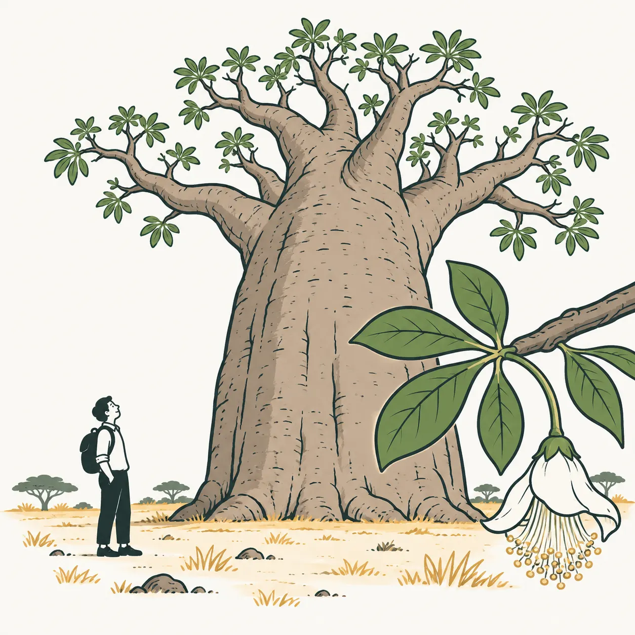An interpretation of an African baobab with a broad trunk, a detail of its palmate compound leaf and a hanging white flower.