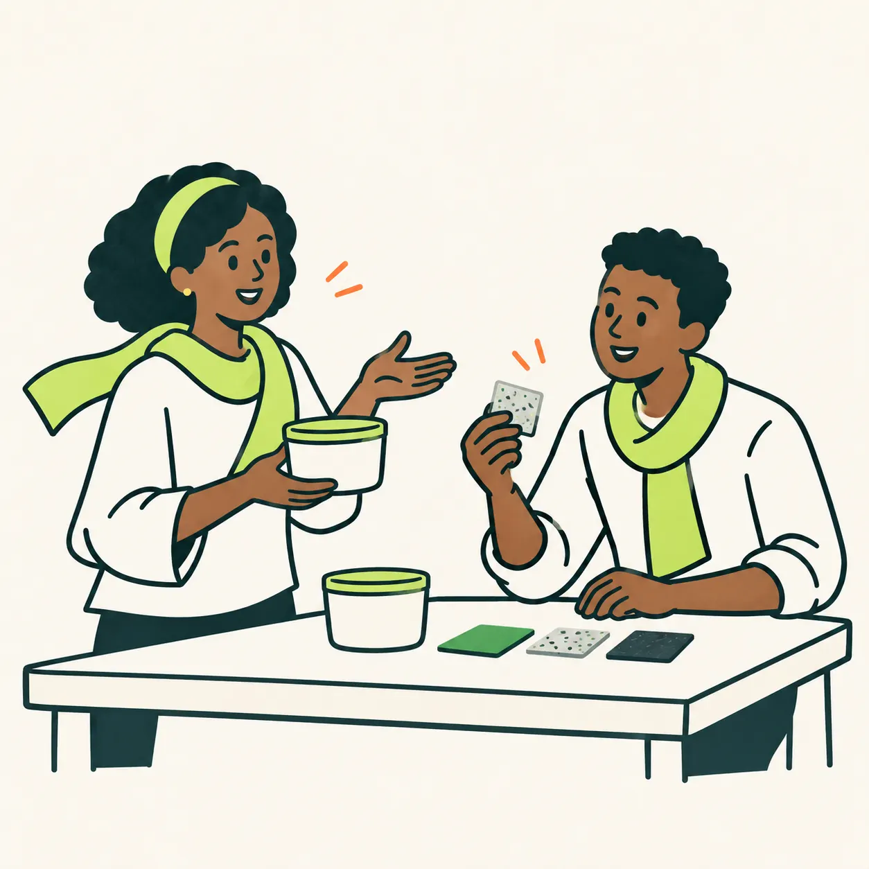 AI illustration of two Nigerian innovators studying reusable containers and materials.