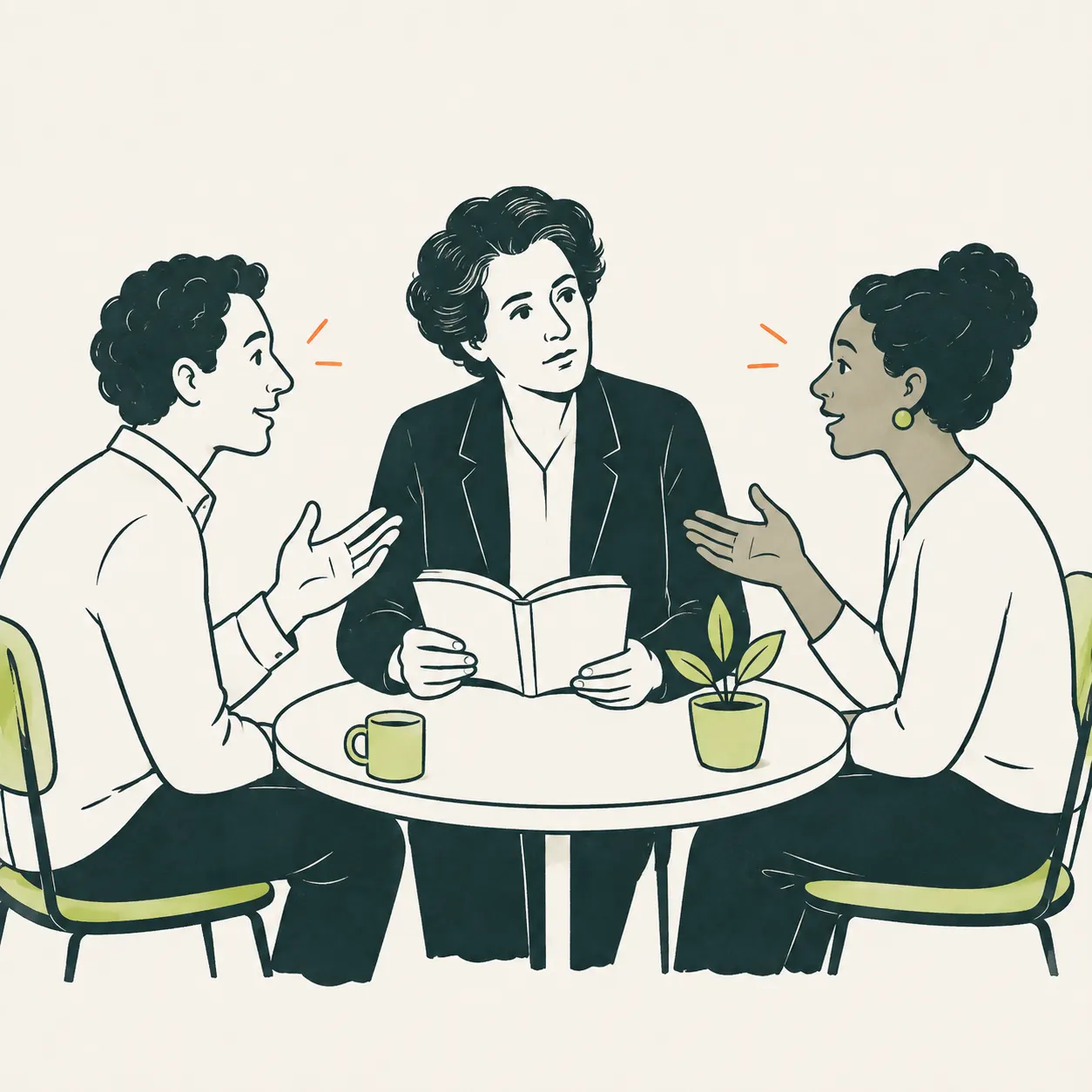 An illustration of Hannah Arendt holding an open book between two people talking around a round table.