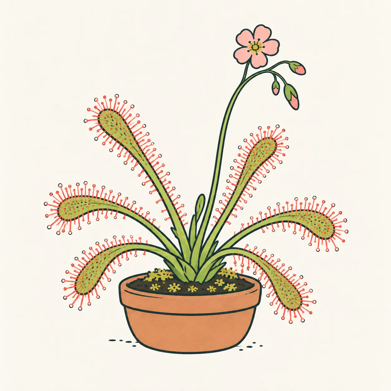 Illustrated Drosera capensis with a rosette of narrow leaves, reddish hairs and shiny sticky droplets, with pink flowers on a stem.