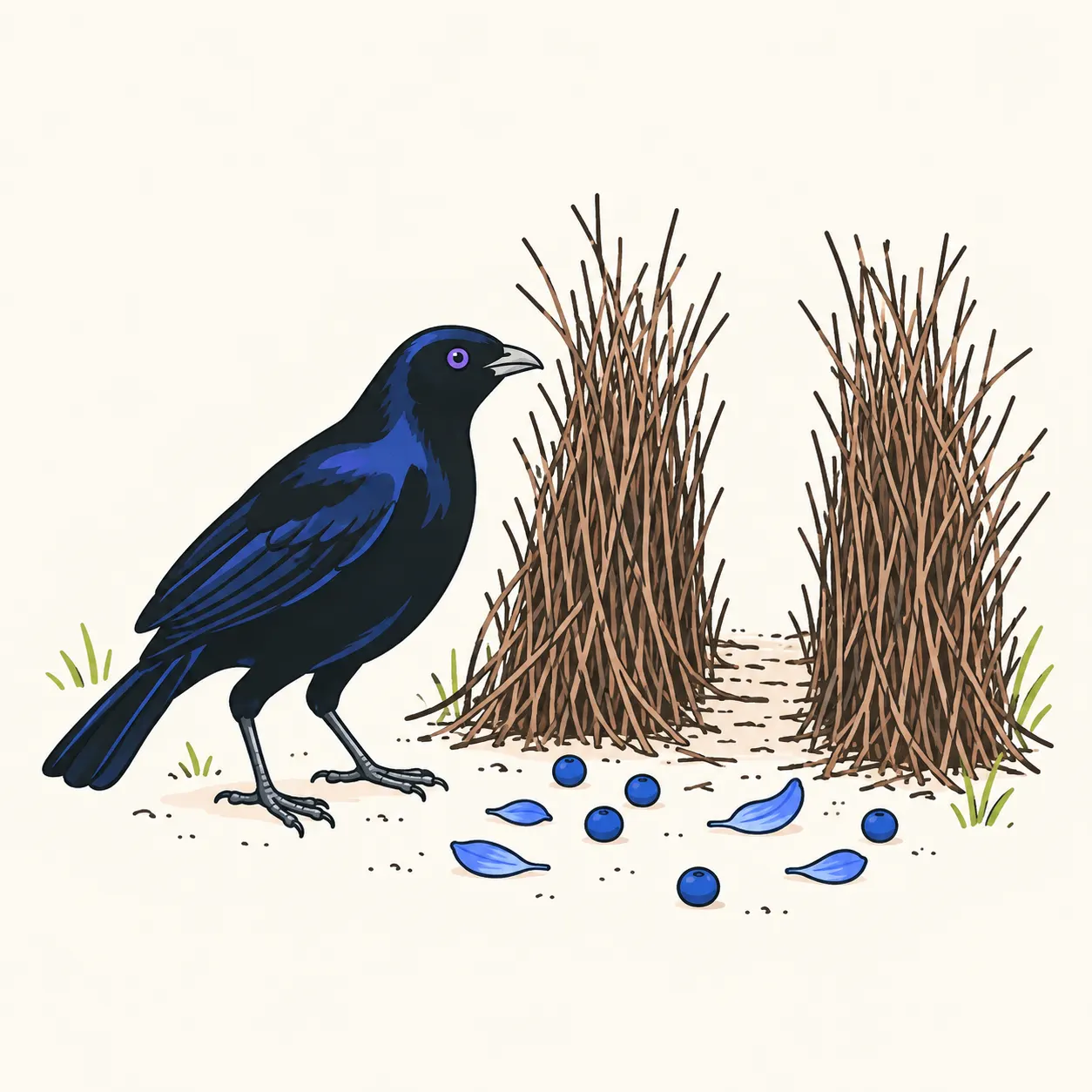 An adult male satin bowerbird with blue-black plumage beside two walls of twigs and a few blue decorations on the ground, with no eggs.