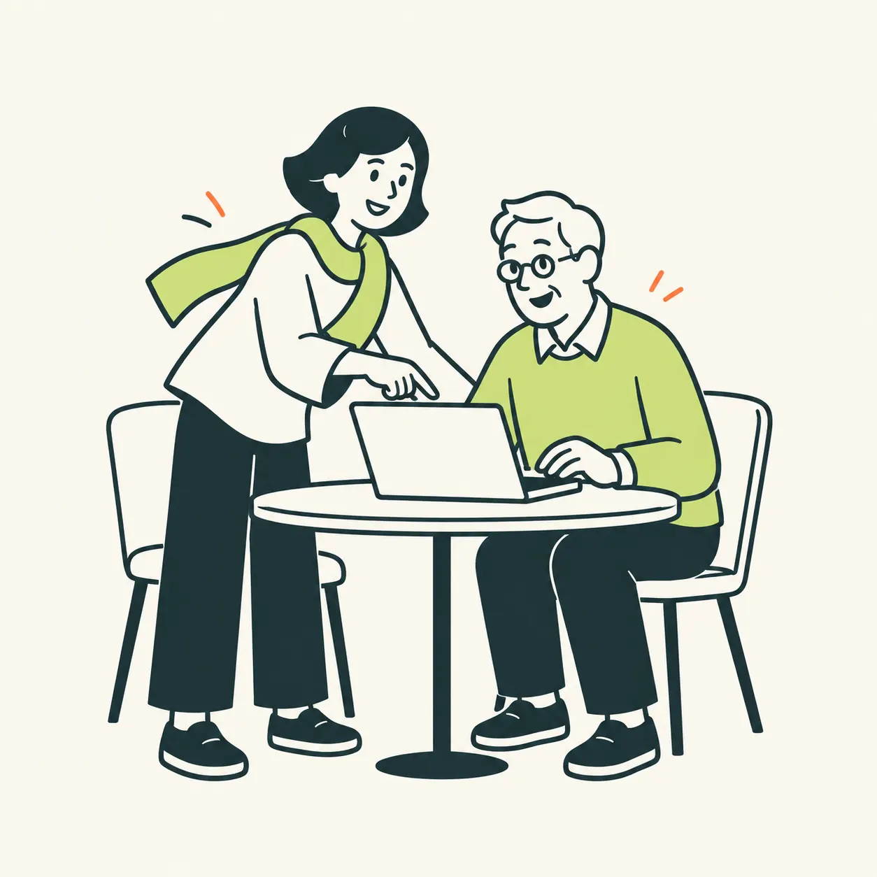 AI illustration of a facilitator explaining a computer task to an adult.