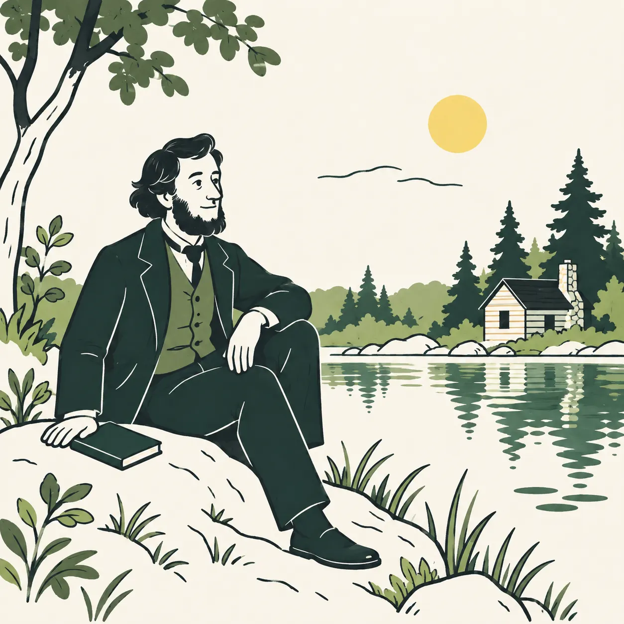 An interpretive portrait of Henry David Thoreau seated with a closed book beside a pond, a cabin and pine trees.