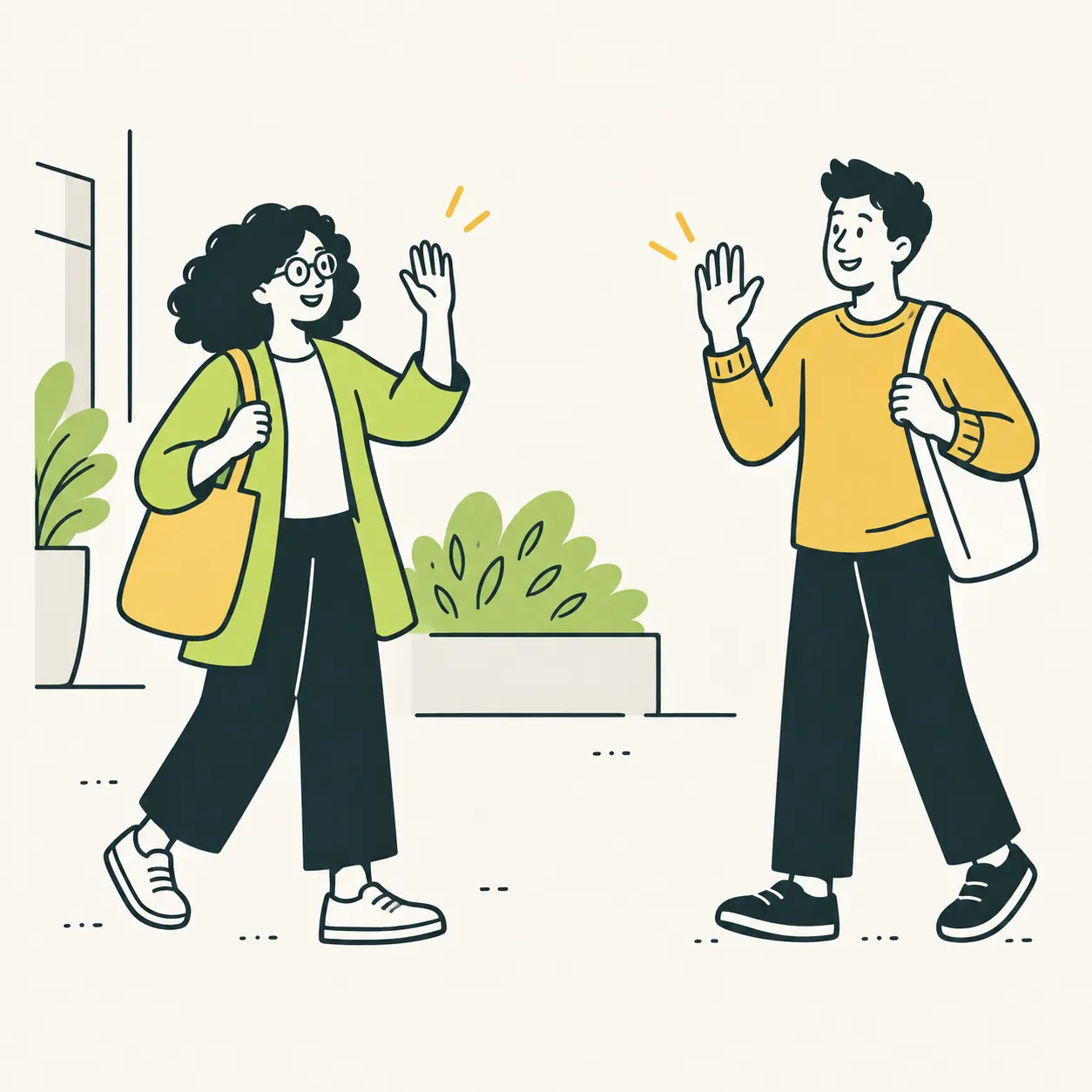 Two contemporary people greet each other with an open hand, an editorial metaphor for meeting, with no words in the image.