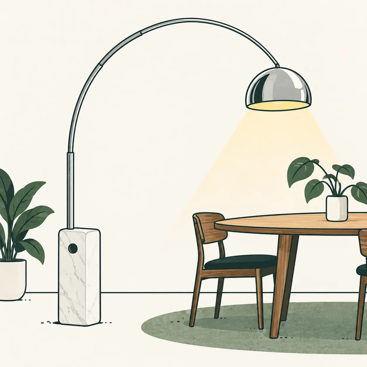 Interpretazione illustrata della lampada Arco: base bianca con foro, lungo stelo metallico curvo e riflettore sopra un tavolo.