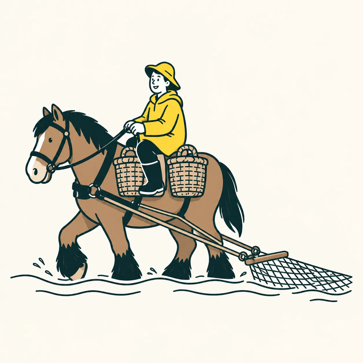 AI editorial illustration of a person on a draft horse in Oostduinkerke’s shallow waters; breastcollar and traces pull a net behind the horse, leaving its tail free.