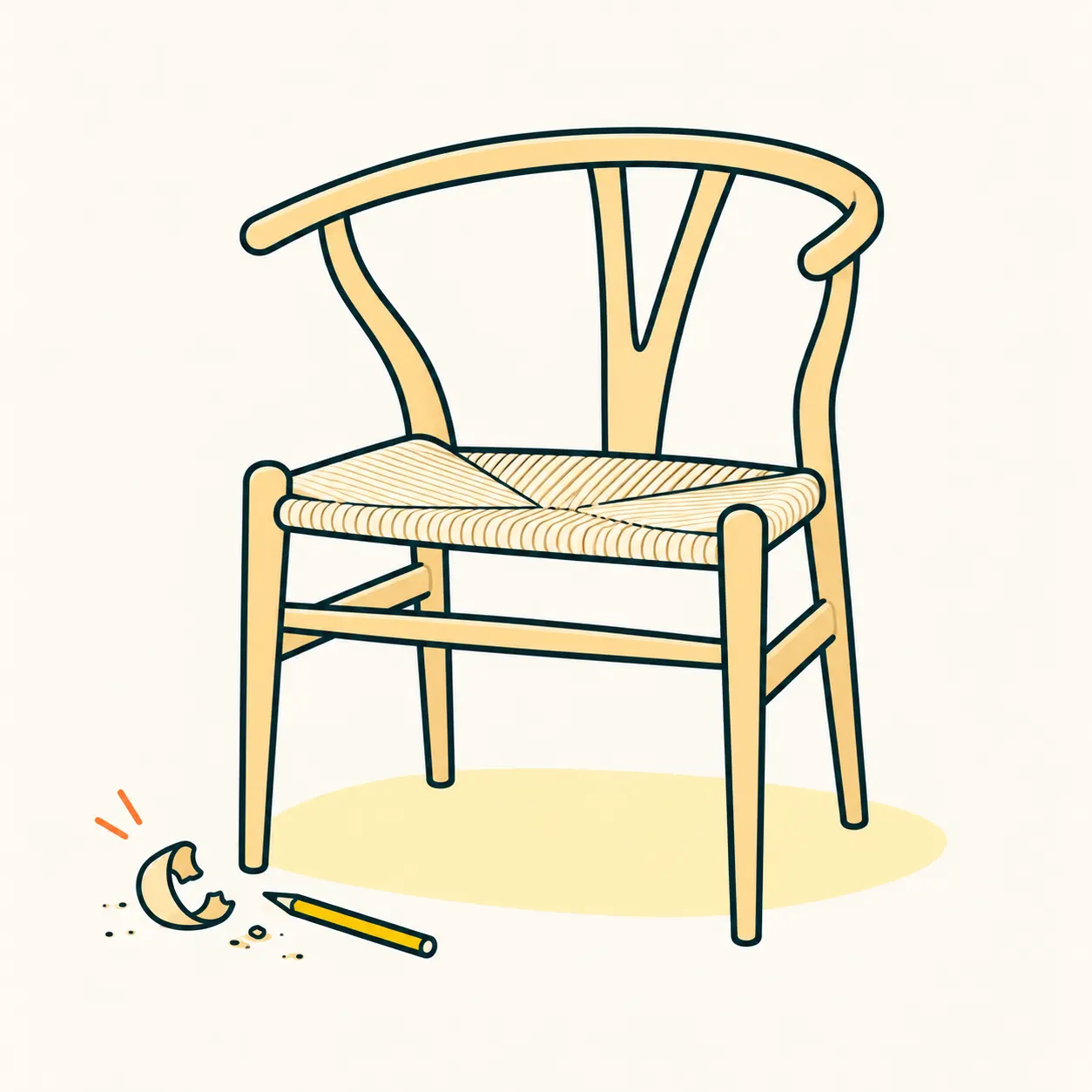 AI editorial illustration inspired by Hans J. Wegner’s CH24: a wooden chair with a Y-shaped back and woven seat, without branding.