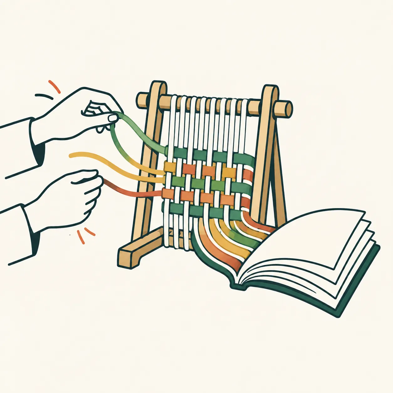 Due mani intrecciano fili colorati su un telaio che si trasforma nelle pagine di un libro, metafora della parola testo.