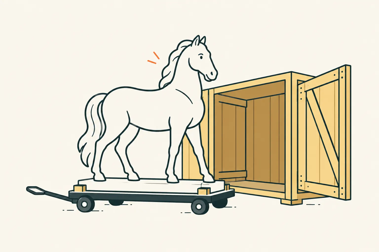 AI illustration of a stylised horse sculpture on a trolley beside an open transport crate.