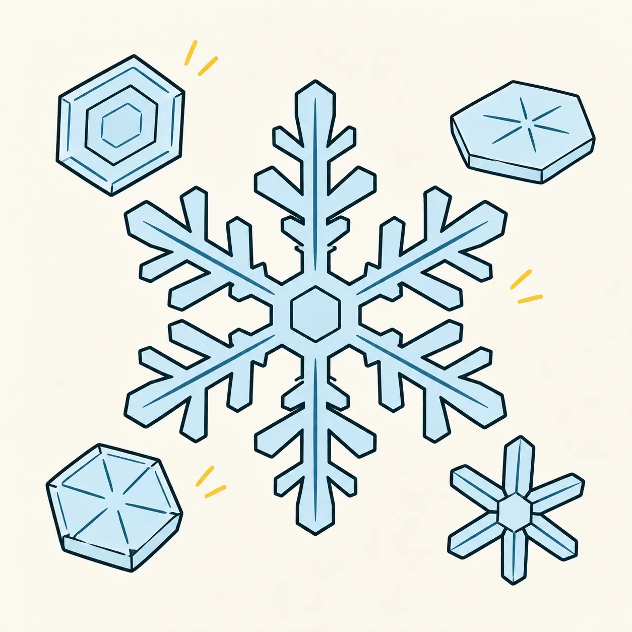 Un grande cristallo di neve azzurro con sei bracci ramificati, circondato da quattro forme esagonali e stellate; rappresentazione ingrandita.