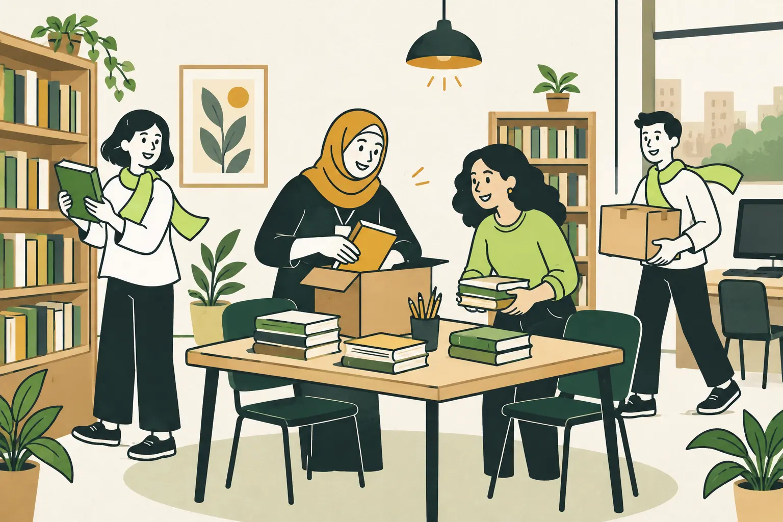 AI illustration of library workers and volunteers arranging books and supplies with Teo and Lia.