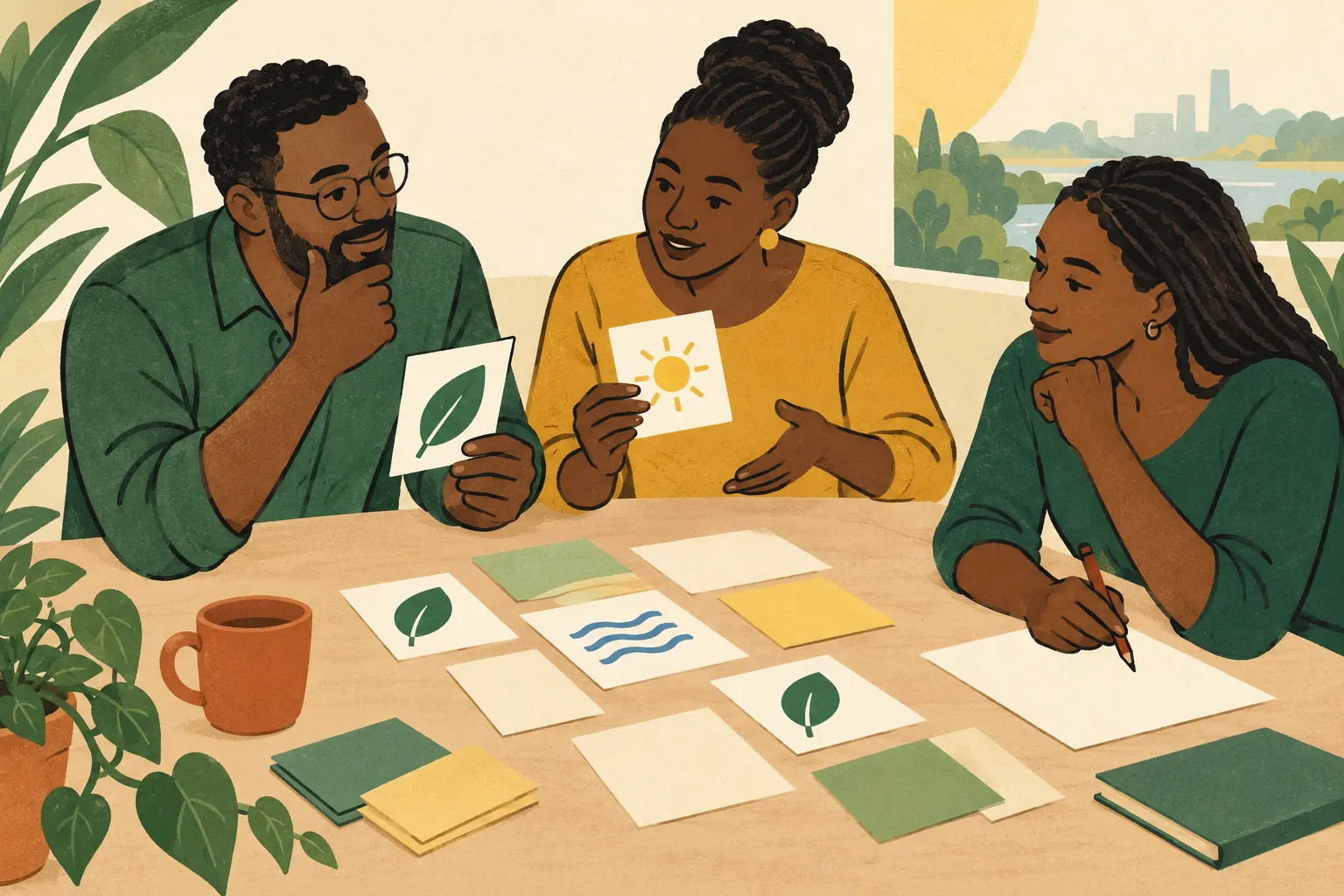 AI concept illustration: three people discuss leaf, sun and water cards around a table with a still-blank sheet.